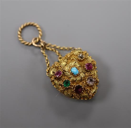 A Victorian yellow metal and gem set heart shaped 'regard' pendant locket, locket 17mm.