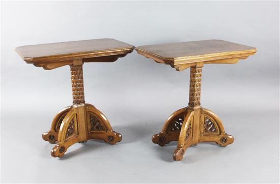 Attributed to A. W. N. Pugin (1812-52). A pair of mid 19th century Reformed Gothic oak pedestal tables, supplied by John Webb, probably Attributed to A. W. N. Pugin (1812-52). A pair of mid 19th century Reformed Gothic oak pedestal tables, supplied by John Webb, probably