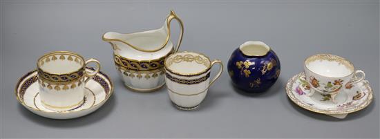 An English porcelain milk jug and cup and saucer, a Derby cup & saucer, a Dresden cup and saucer and a Worcester vase