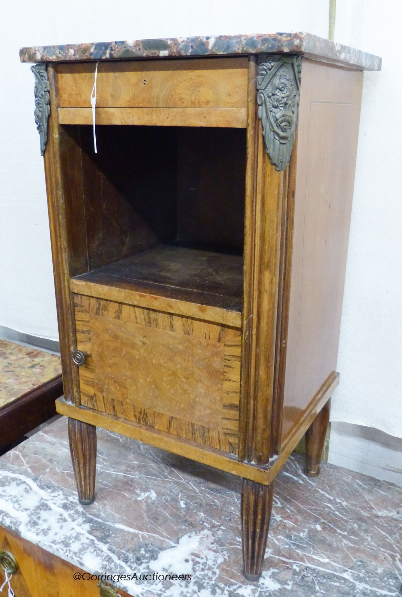 A French marble topped bedside cabinet, width 42cm, depth 36cm, height 78cm