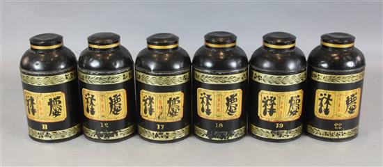 A set of six 19th century Toleware tea canisters, A set of six 19th century Toleware tea canisters,