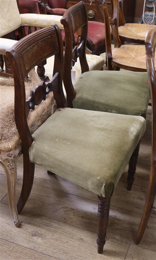 A pair of inlaid dining chairs, a Victorian upholstered walnut framed armchair and two French chairs A pair of inlaid dining chairs, a Victorian upholstered walnut framed armchair and two French chairs