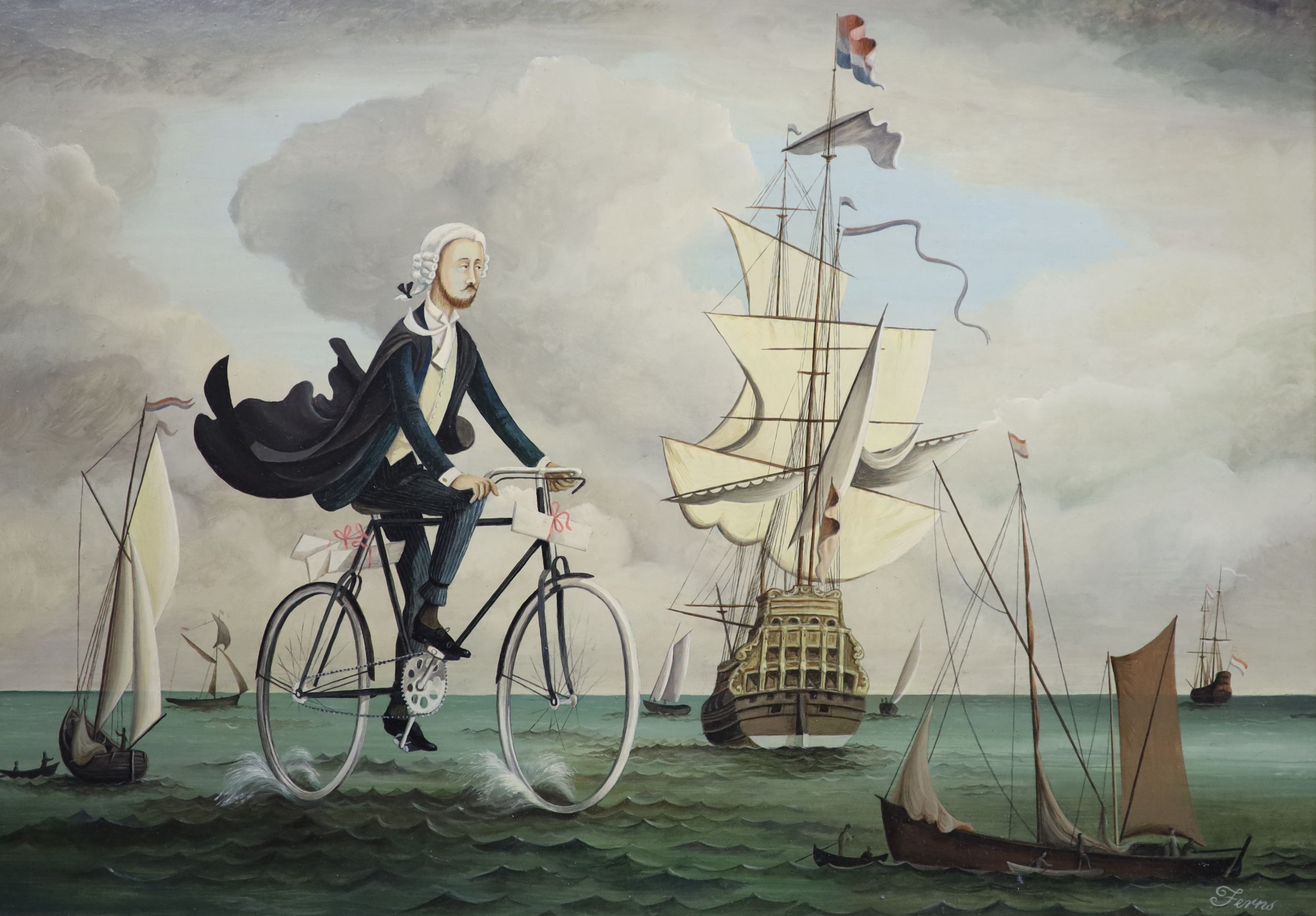 Ronald George Ferns (1925-1997), Maritime Lawyer, Barrister on a bicycle riding the waves with shipping around him, oil on board, 38 x 54cm