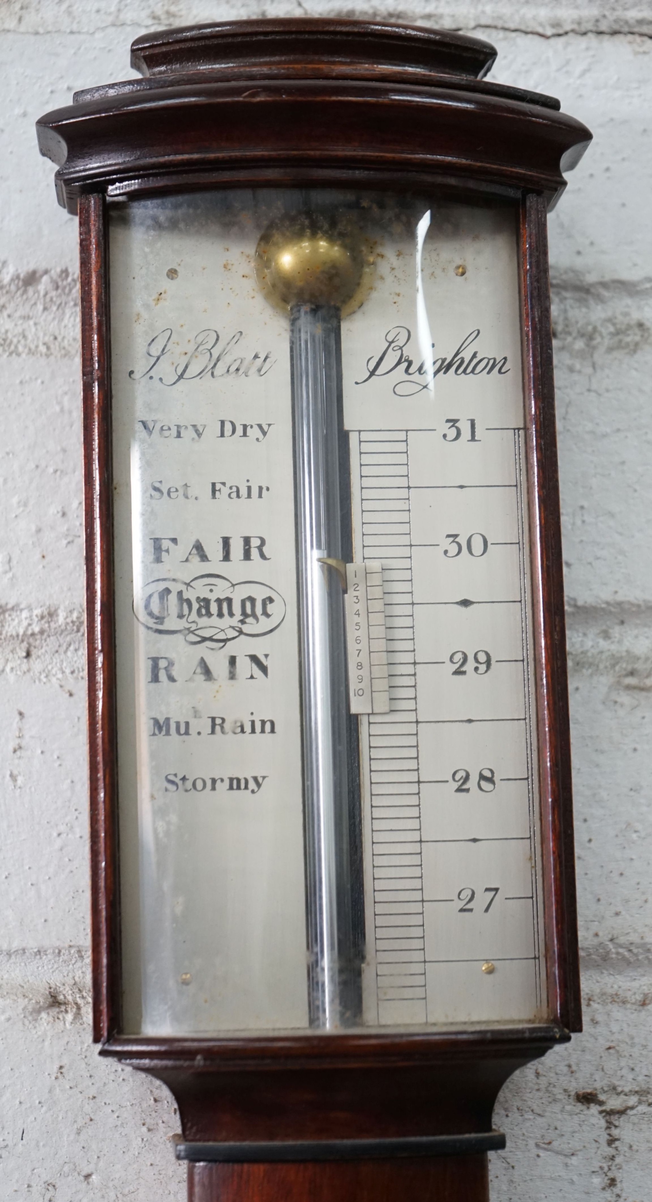 A Georgian style mercury stick barometer and thermometer, dial marked J. Blatt, Brighton, in mahogany case with silvered scale, height 100cm