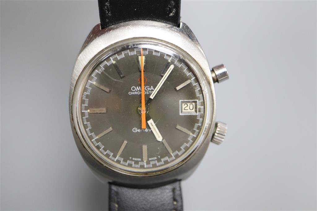 A gentlemans 1970s? stainless steel Omega Chronostop manual wind wrist watch, on a later leather strap,