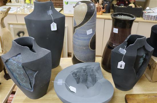 Two large studio pottery vases and an Amanda King archaeological dish, H 52cm (tallest) Two large studio pottery vases and an Amanda King archaeological dish, H 52cm (tallest)