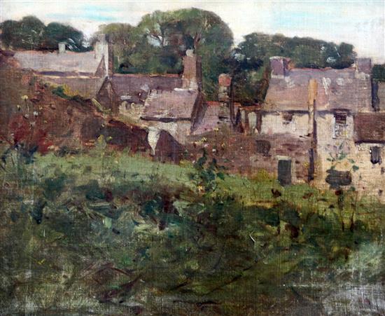 English School c.1900 Cottages viewed from a field, 15 x 18in. English School c.1900 Cottages viewed from a field, 15 x 18in.