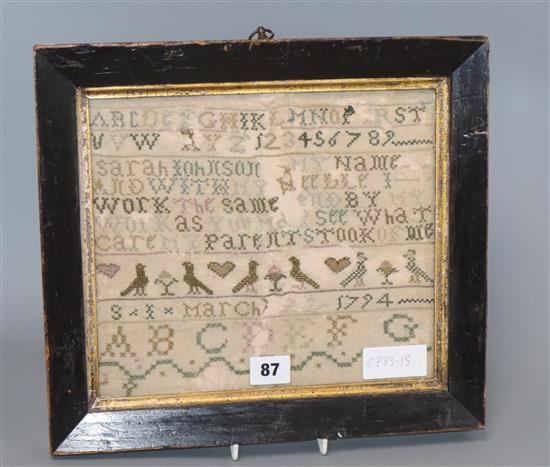 A George III needlework sampler, dated 1794 (a.f.) 22.5 x 26cm excl. frame A George III needlework sampler, dated 1794 (a.f.) 22.5 x 26cm excl. frame