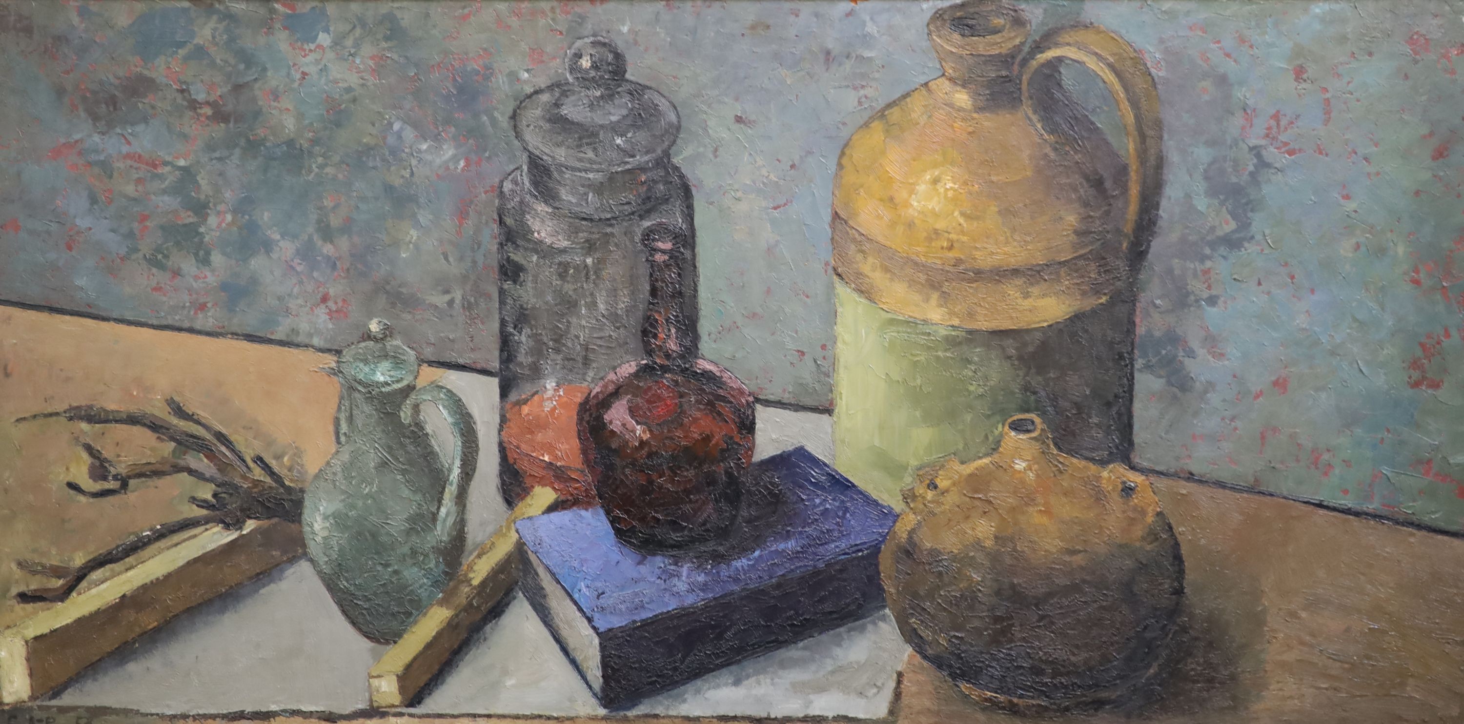 Clarisse Loxton-Peacock (1926-2004), Still life of bottles, a book and flagon on a table top, oil on board, 60 x 121cm