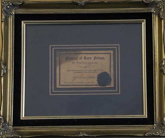 A ticket for the funeral of Lord Nelson at St Pauls, Jan 9 1806 7.5 x 11.5cm A ticket for the funeral of Lord Nelson at St Pauls, Jan 9 1806 7.5 x 11.5cm