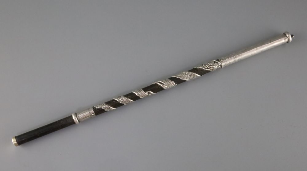 A Chinese hardwood and silver overlaid baton, 19th century,
