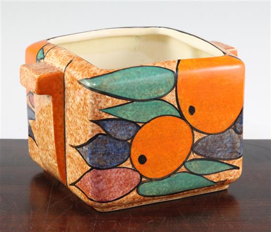 A Clarice Cliff Oranges pattern cafe au lait ground square biscuit barrel, shape 479, 18cm A Clarice Cliff Oranges pattern cafe au lait ground square biscuit barrel, shape 479, 18cm