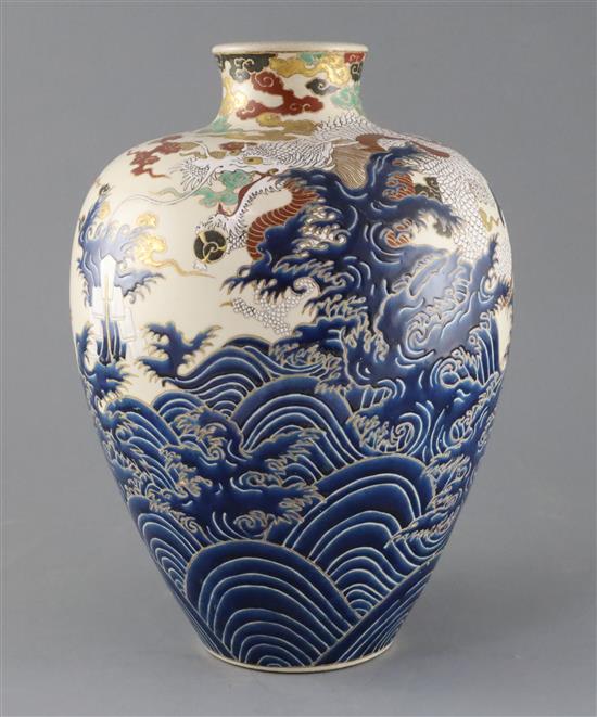 A Japanese Satsuma pottery ovoid dragon vase, Meiji period, H.31cm A Japanese Satsuma pottery ovoid dragon vase, Meiji period, H.31cm