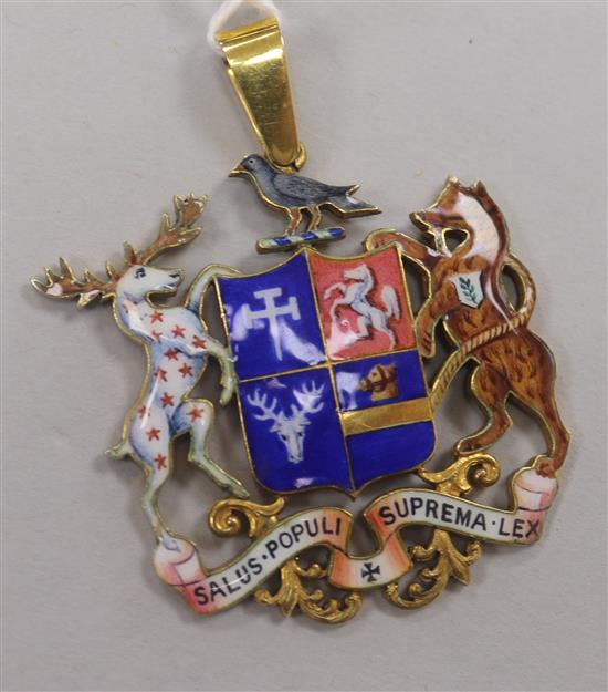 An early 1930s 9ct gold and enamel Mayor of Lewisham pendant, overall 53mm.