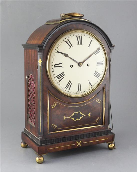 An early 19th century mahogany brass inlaid single pad topped bracket clock, height 19.5in. An early 19th century mahogany brass inlaid single pad topped bracket clock, height 19.5in.