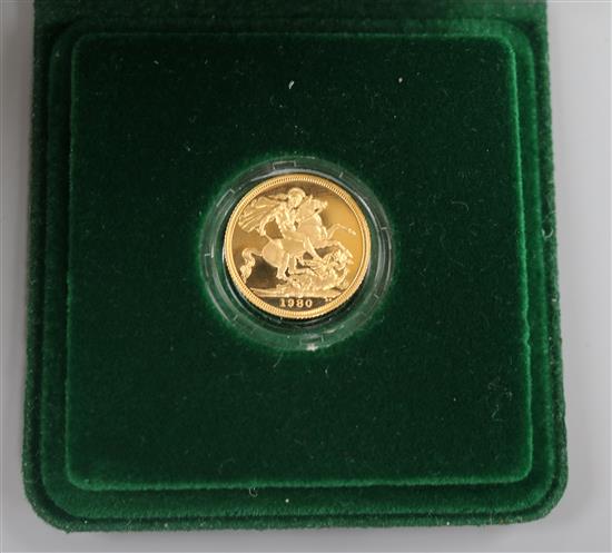 A cased 1980 gold proof sovereign. A cased 1980 gold proof sovereign.