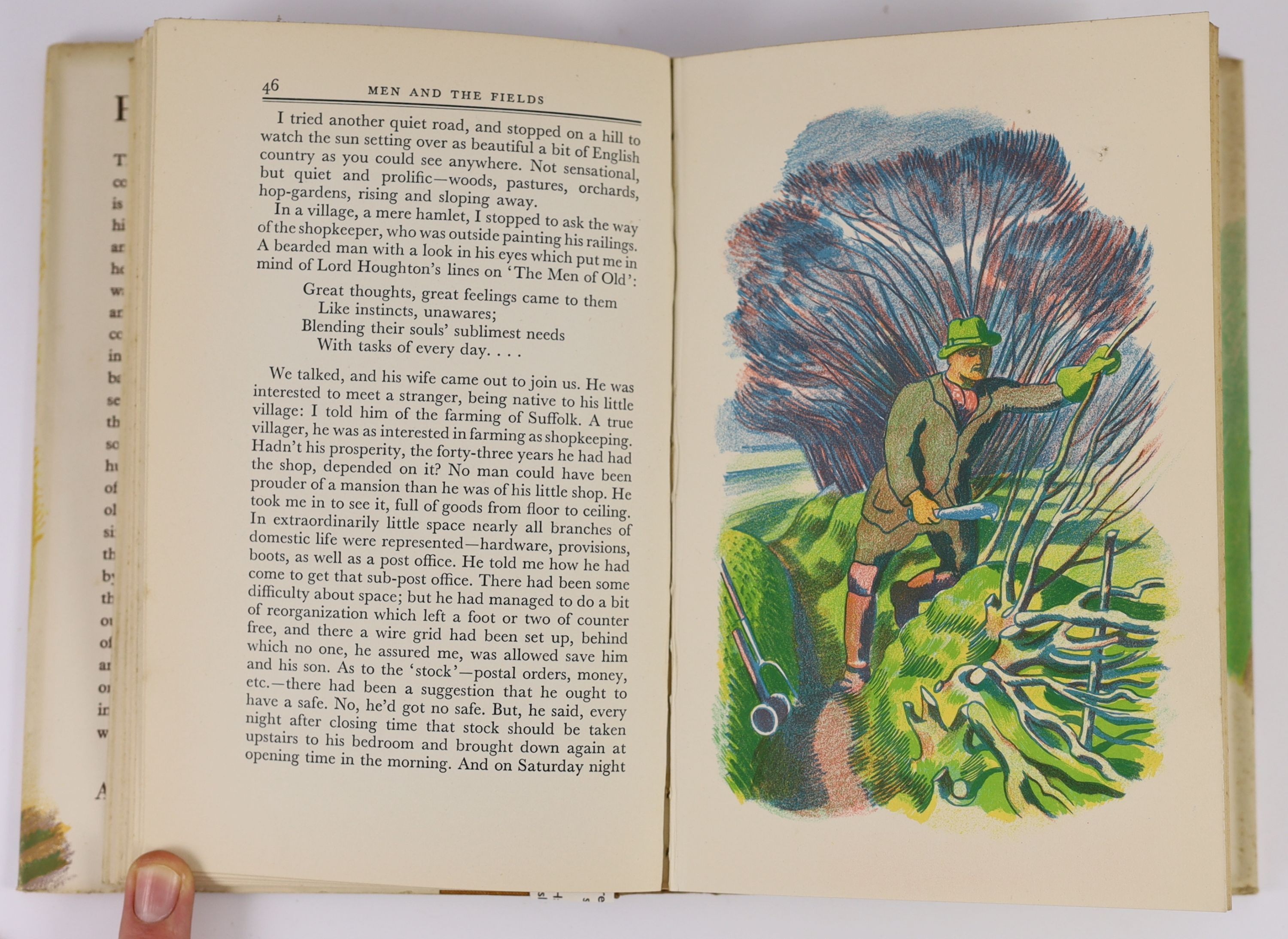 Bell, Adrian - Men and the Fields. 1st edition. Complete with 6 lithographic plates by John Nash, as well as numerous B+W illustrations in the text. Publishers buckram with gilt letters on spine, In original pictorial d/