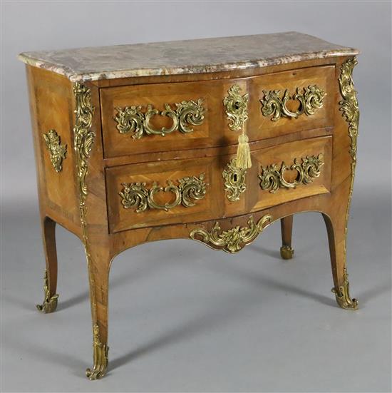 A Louis XV style ormolu mounted kingwood serpentine commode, W.3ft 1in. D.1ft 6.5in. H.2ft 8in. A Louis XV style ormolu mounted kingwood serpentine commode, W.3ft 1in. D.1ft 6.5in. H.2ft 8in.