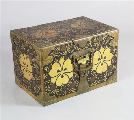 A Japanese black lacquer travelling chest, Meiji period, W.2ft 1in. D.1ft 5in. H.1ft 4in. A Japanese black lacquer travelling chest, Meiji period, W.2ft 1in. D.1ft 5in. H.1ft 4in.