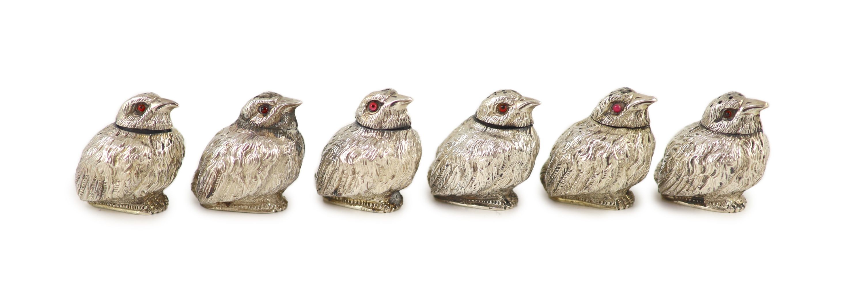 A set of six Victorian novelty silver condiments by Thomas Johnson II, modelled as six chick pepperettes