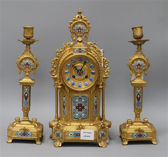 A late 19th century French three piece gilt spelter and champléve clock garniture, the eight day clock by Japy Freres height 41cm