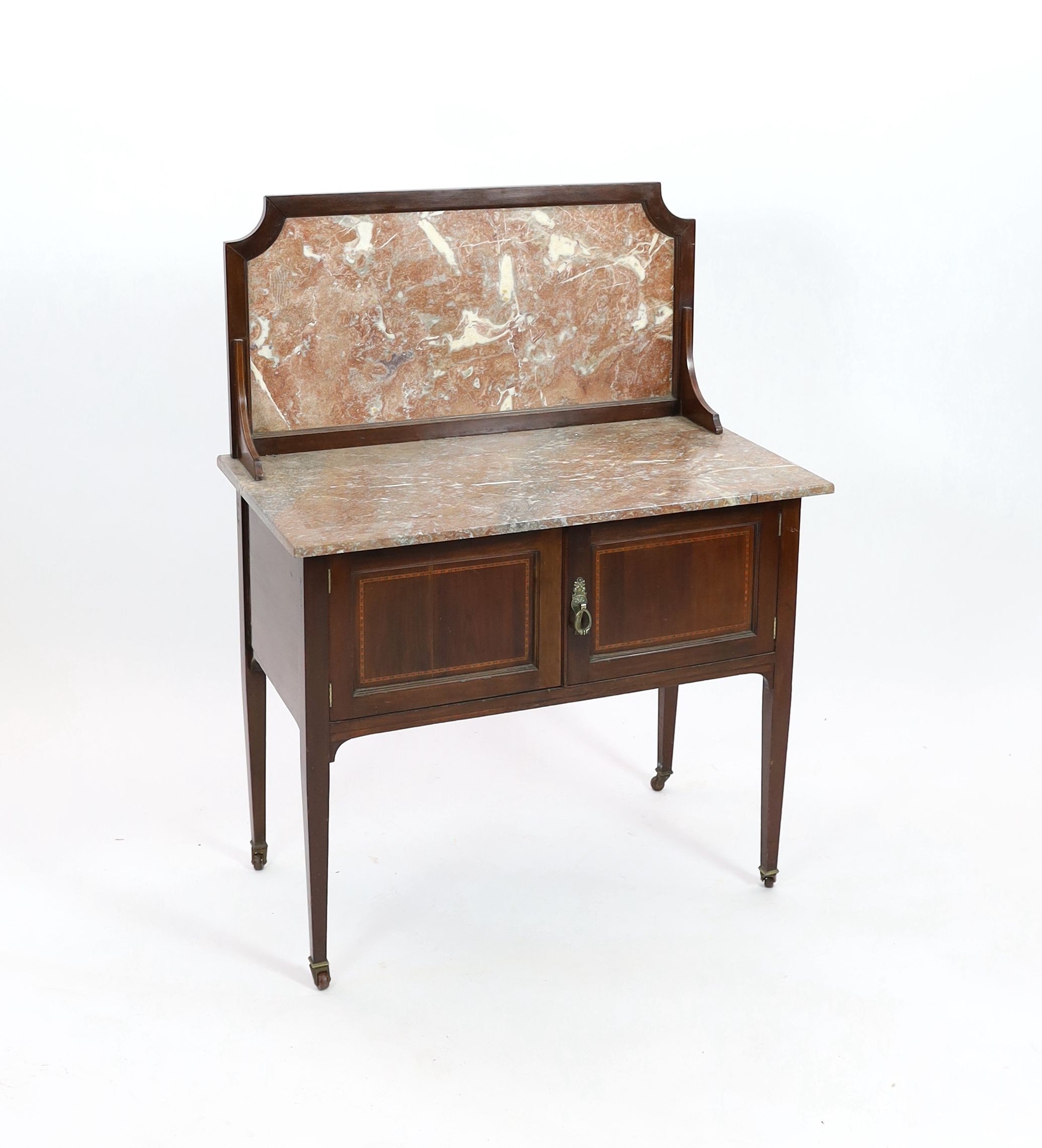 An Edwardian satinwood banded marble topped mahogany wash stand, width 91cm depth 51cm height 123cm