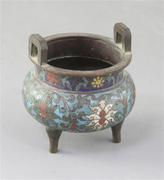 A Chinese cloisonne enamel miniature tripod censer, ding, 19th century, 7.5cm high, 7.5cm wide A Chinese cloisonne enamel miniature tripod censer, ding, 19th century, 7.5cm high, 7.5cm wide