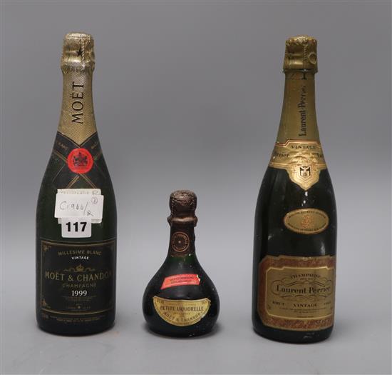 A bottle of 1999 vintage Moet, 1985 Laurent Perrier, a petite moet A bottle of 1999 vintage Moet, 1985 Laurent Perrier, a petite moet