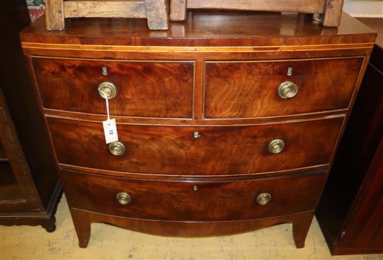 A Regency mahogany bow-fronted chest fitted two short drawers and two long drawers, on tapered feet, Width 90cm A Regency mahogany bow-fronted chest fitted two short drawers and two long drawers, on tapered feet, Width 90cm