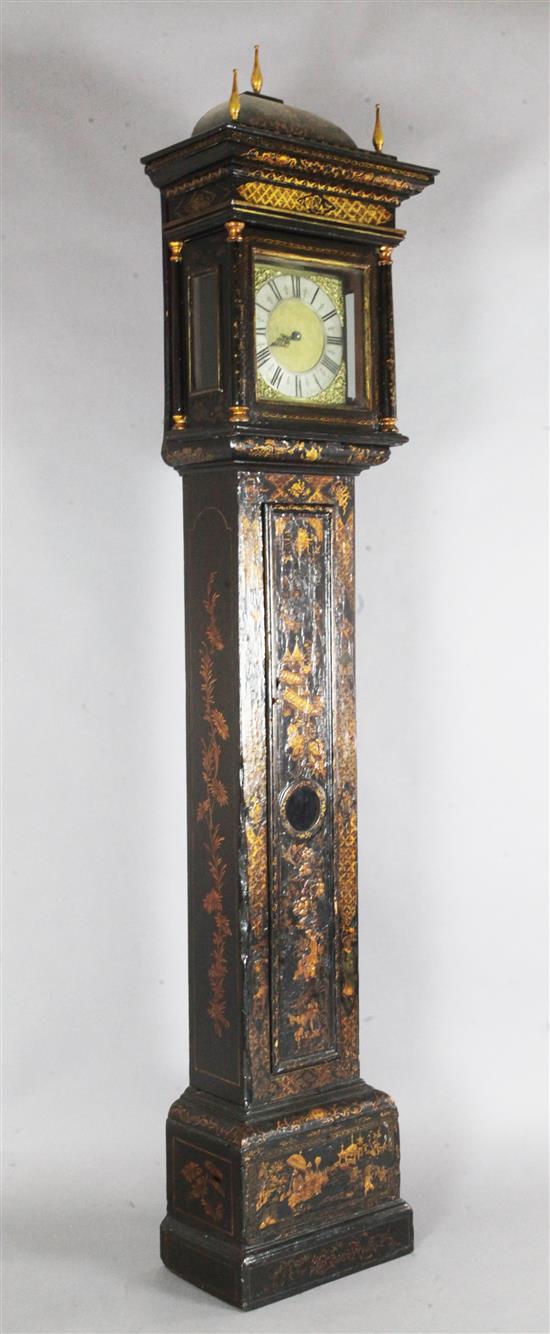 Humphrey Marsh of Highworth. An early 18th century chinoiserie lacquered thirty hour longcase clock, H.7ft 7in. Humphrey Marsh of Highworth. An early 18th century chinoiserie lacquered thirty hour longcase clock, H.7ft 7in.