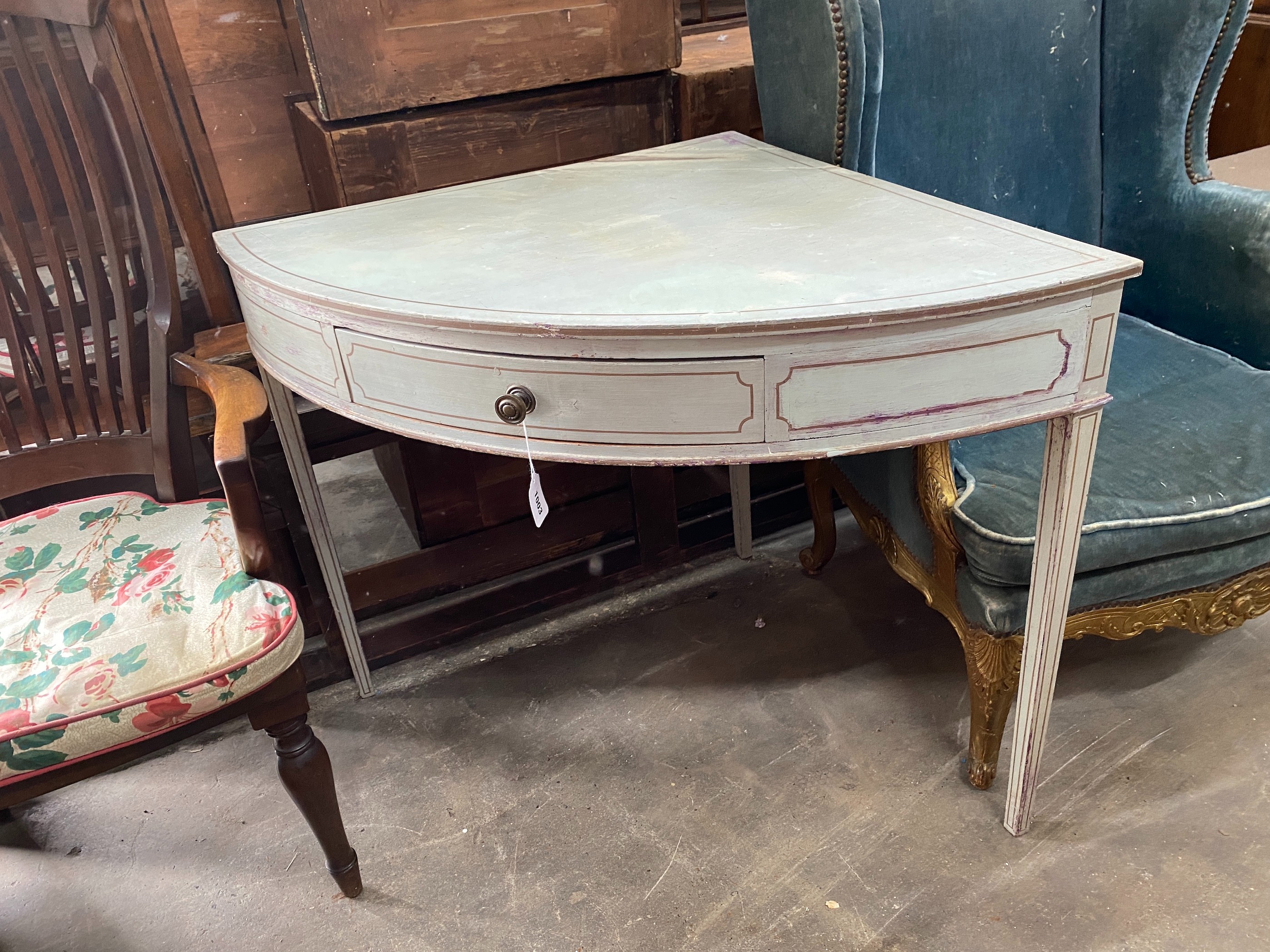 An early 20th century painted corner table, width 108cm, depth 74cm, height 77cm