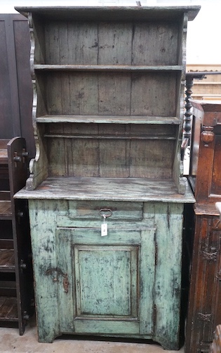 A 19th century and later French provincial painted pine dresser, length 102cm, depth 50cm, height 202cm