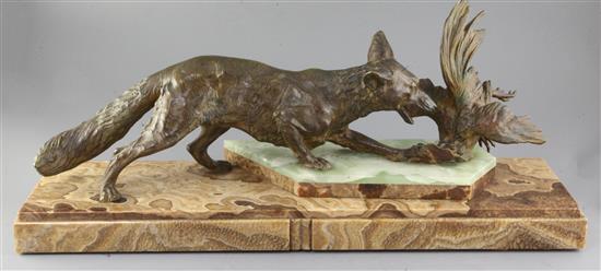 An early 20th century French bronze group of a fox and cockerel, width 27in.