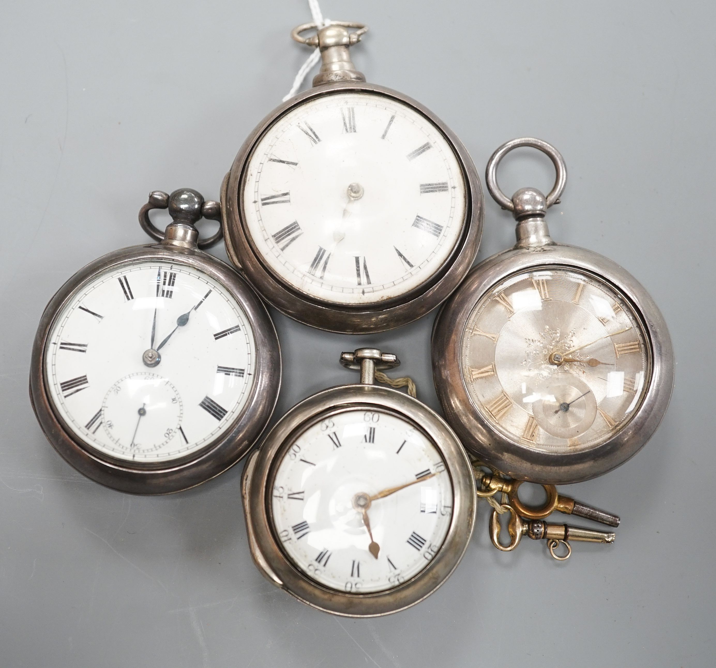 Two 19th century silver pair cased pocket watches, including Minden of London and Neale of Lindfield and two later silver pair cased pocket watches.