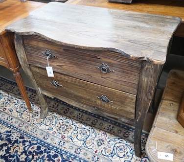 An 18th century style French provincial pine two drawer commode, width 87cm, depth 47cm, height 77cm