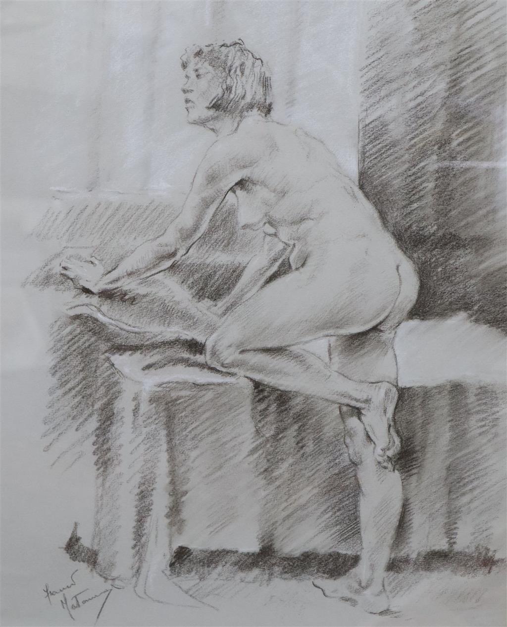 Franco Matania, conte crayon, Studio nude, signed, 48 x 38cm
