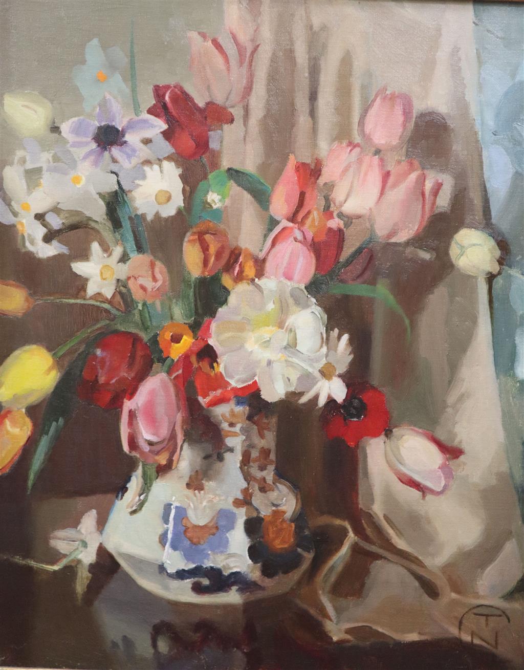 CTN, oil on canvas, Still life of spring flowers in a jug, monogrammed, 55 x 45cm