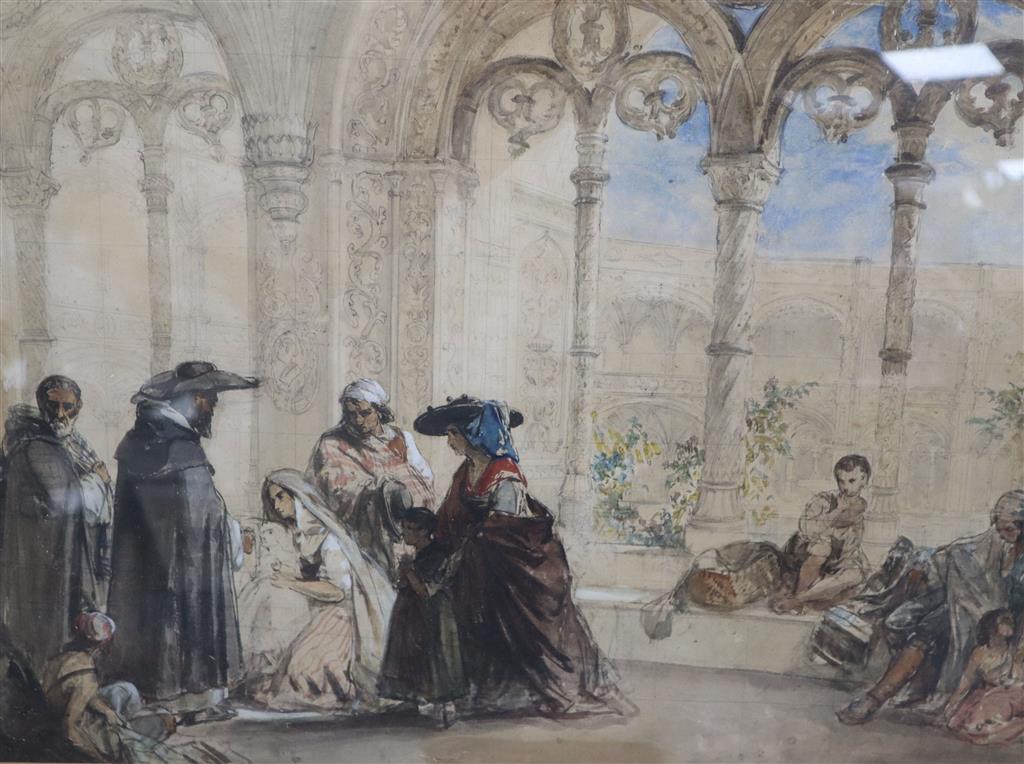Victorian School, pencil and watercolour, Preparatory sketch; Renaissance figures on a terrace, indistinctly signed, 51 x 64cm.