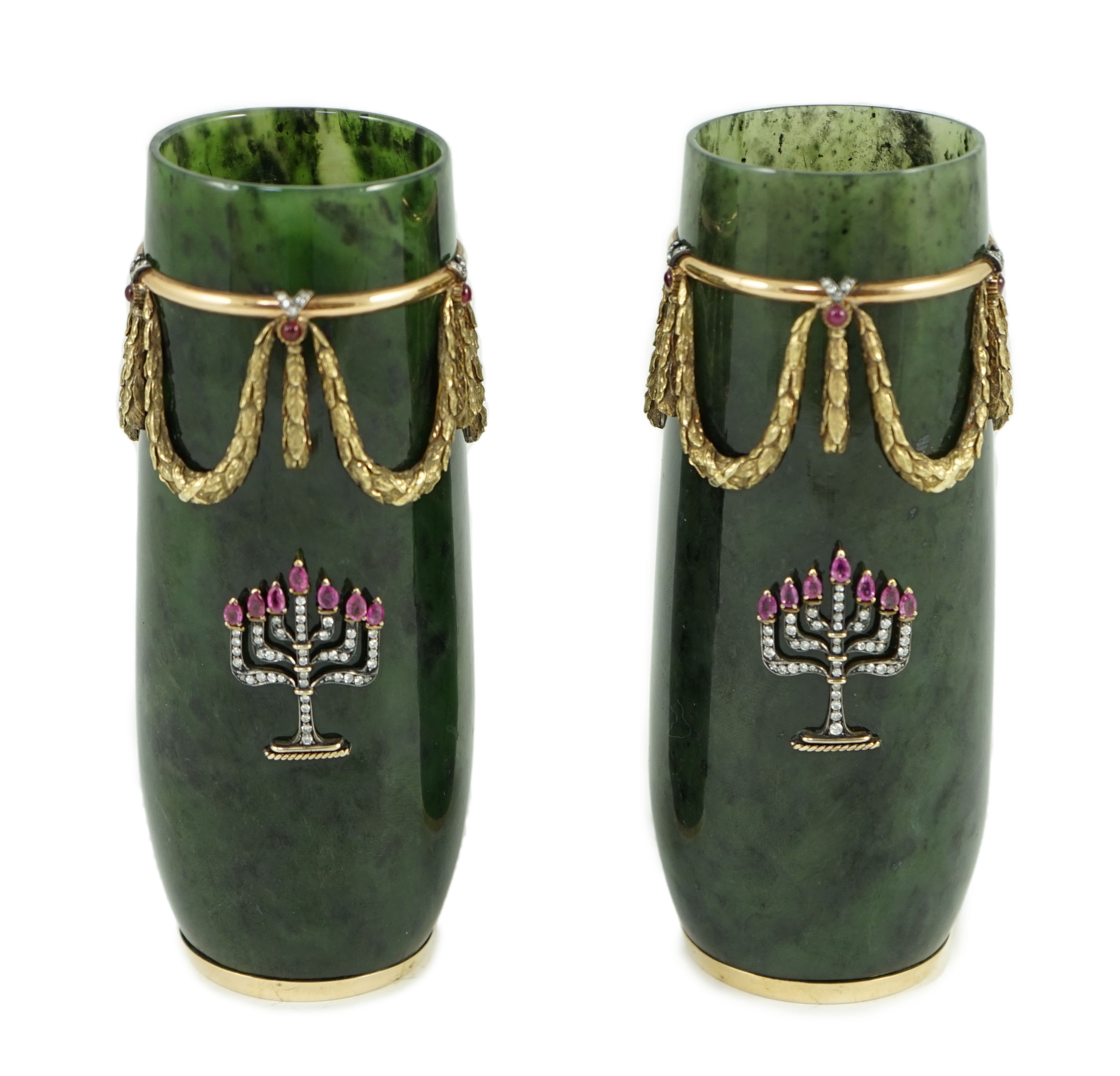 A pair of 20th century Russian style 18K gold, nephrite, diamond and ruby set vases, c.1970 width 6cm, height 15cm.