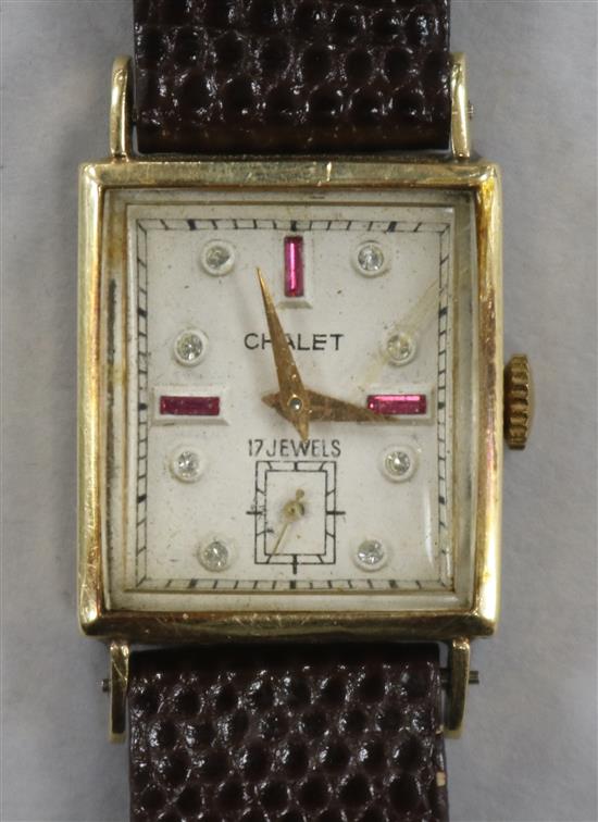 A ladys 14ct gold Chalet rectangular cased manual wind wrist watch. A ladys 14ct gold Chalet rectangular cased manual wind wrist watch.