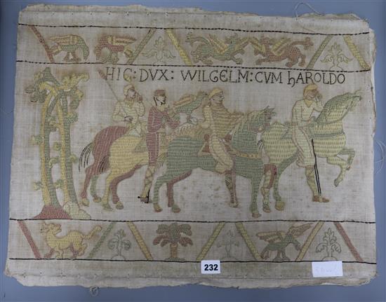 A late 19th, early 20th century sample needlework panel taken from a scene from the Bayeux Tapestry 48 x 66cm