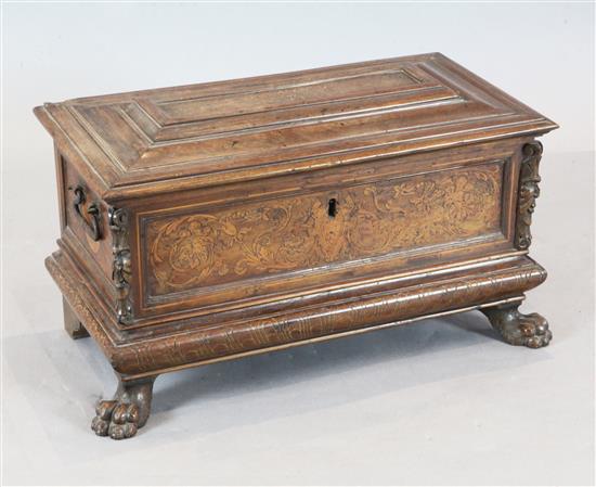 A small Italian marquetry inlaid walnut cassone, W.2ft 5in. D.1ft 2in. H.1ft 3in. A small Italian marquetry inlaid walnut cassone, W.2ft 5in. D.1ft 2in. H.1ft 3in.