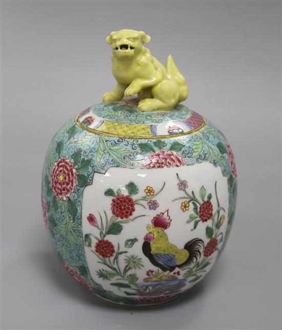 A late 19th century Samson famille rose rooster jar with kylin finial height 25cm A late 19th century Samson famille rose rooster jar with kylin finial height 25cm