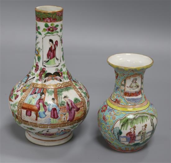 A 19th century famille rose vase and a famille rose bottle vase tallest 21cm A 19th century famille rose vase and a famille rose bottle vase tallest 21cm