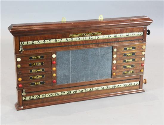A Burroughes & Watts mahogany snooker and billiards scoreboard, width 39in. height 22in. A Burroughes & Watts mahogany snooker and billiards scoreboard, width 39in. height 22in.