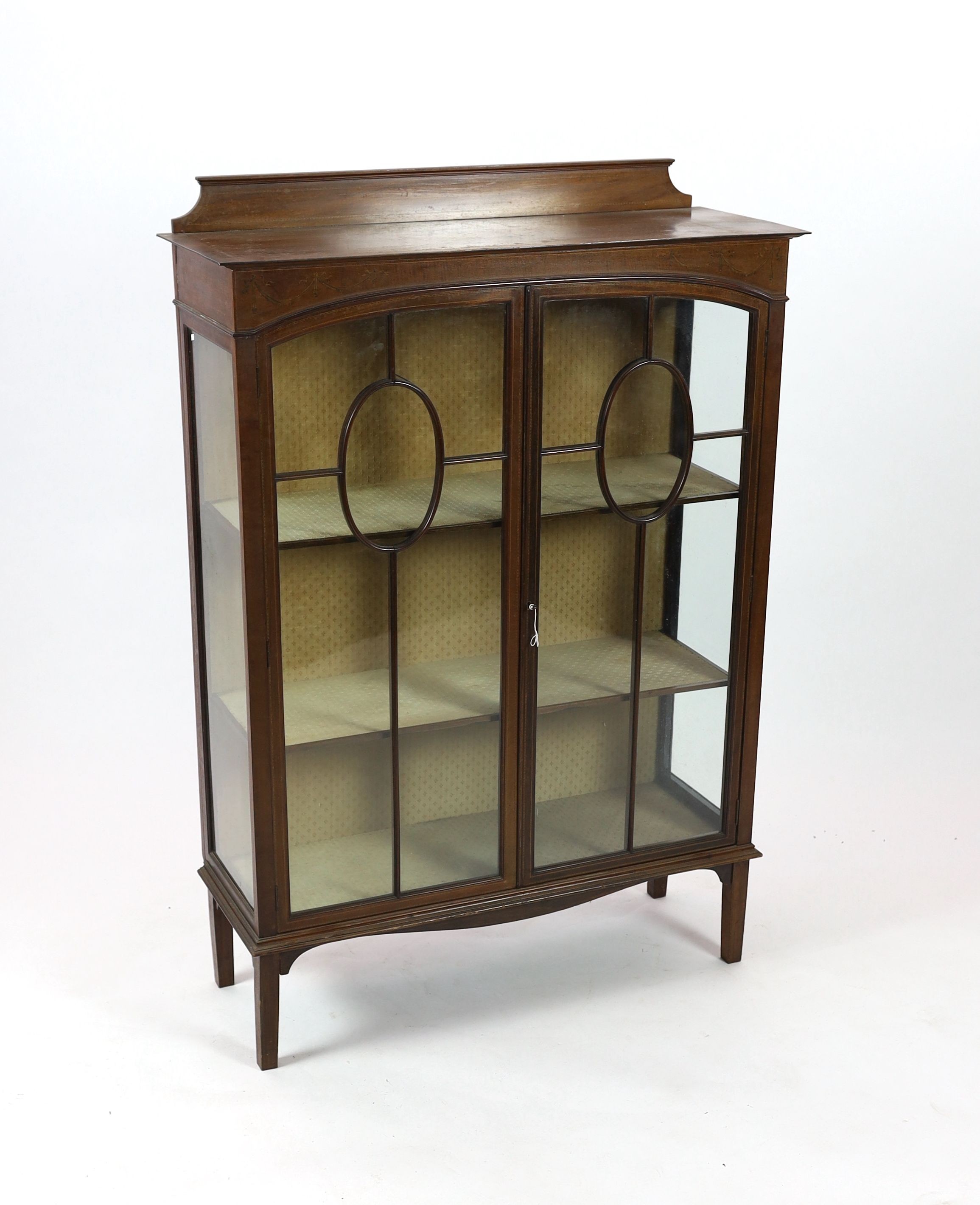 An Edwardian inlaid mahogany display cabinet, width 99cm depth 36cm height 144cm