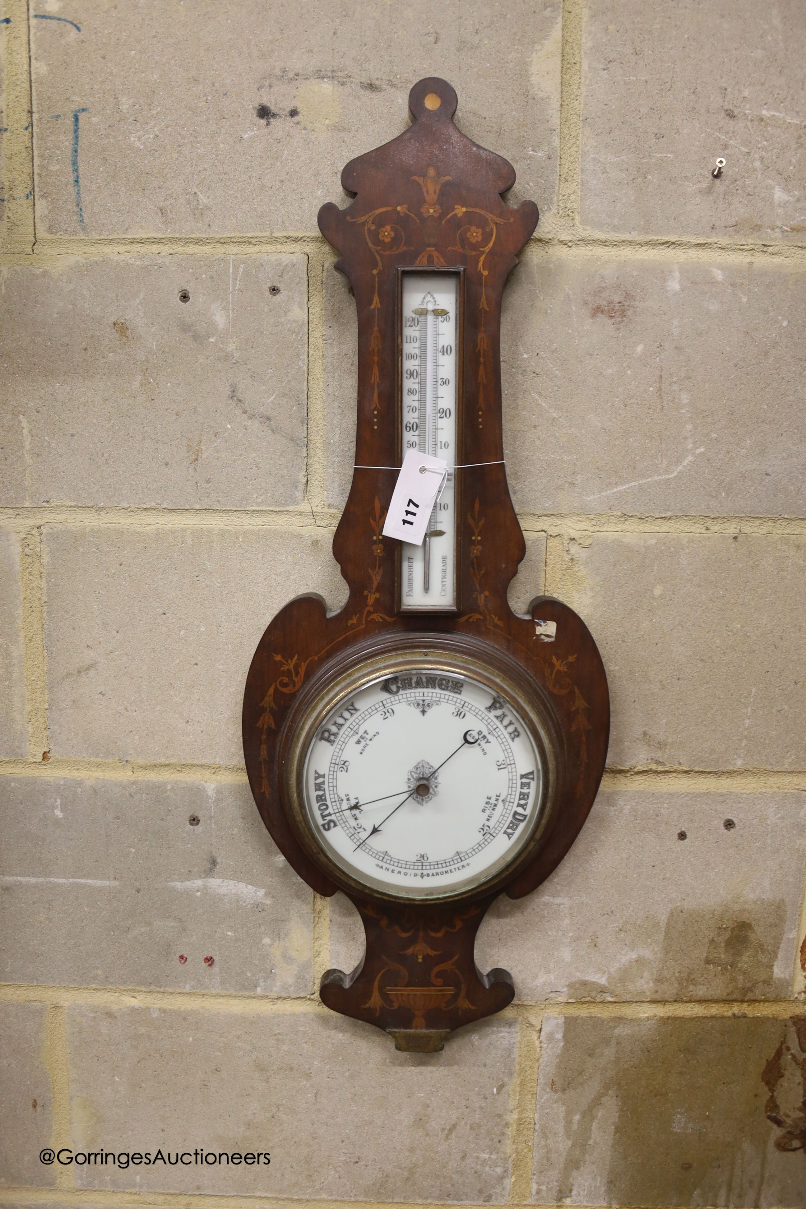 A late 19th century mahogany and inlaid wheel barometer / thermometer, height 84cm