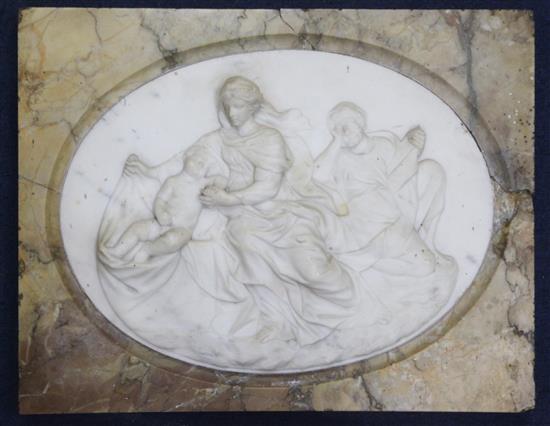 A 19th century Italian carved white marble relief plaque of The Holy Family, 19 x 15in. A 19th century Italian carved white marble relief plaque of The Holy Family, 19 x 15in.
