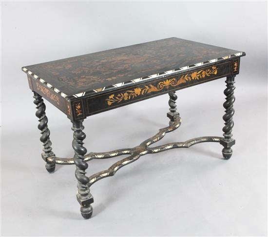 A mid 19th century Dutch marquetry, ebony and bone centre table, W.3ft 11.5in. D.2ft 4in. H.2ft 6in. A mid 19th century Dutch marquetry, ebony and bone centre table, W.3ft 11.5in. D.2ft 4in. H.2ft 6in.