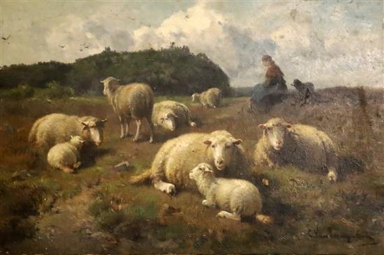Cornelius Van Leemputten (1841-1902) Shepherdess and sheep in pasture 9.5 x 14in., unframed Cornelius Van Leemputten (1841-1902) Shepherdess and sheep in pasture 9.5 x 14in., unframed
